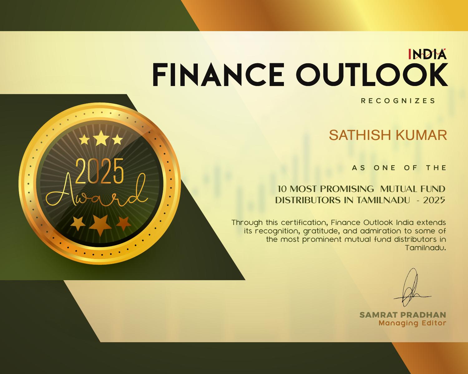Finance Outlook India 2025 recognition certificate for Sathish Kumar